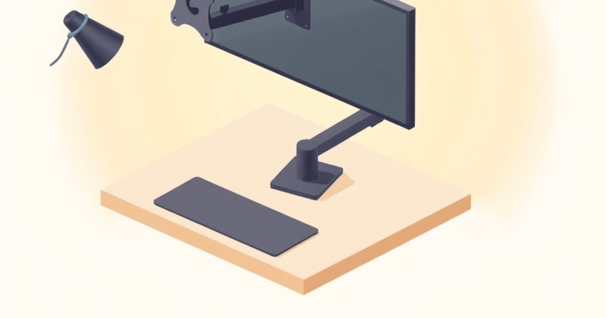 Flat vector illustration of a jointed desk-clamp monitor arm holding a curved display beside a VESA mounting plate and a small potted plant