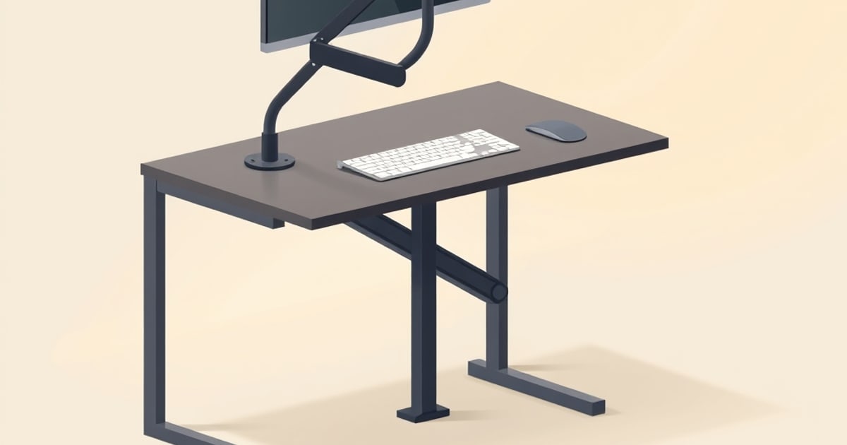 Isometric illustration of a standing desk with a monitor held on an articulated arm, keyboard and mouse below, representing an arm-mounted setup