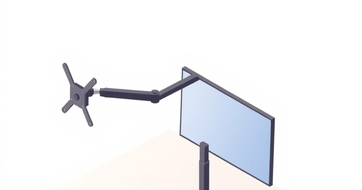 Flat vector illustration of an articulating monitor arm with an open VESA mounting plate, its jointed arm reaching over a desk toward a pale blue monitor panel.