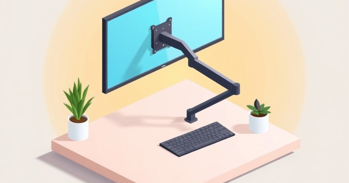 Flat isometric illustration of a black articulating arm clamped to a pale desk holding a cyan-screen monitor, with a keyboard and two potted plants.