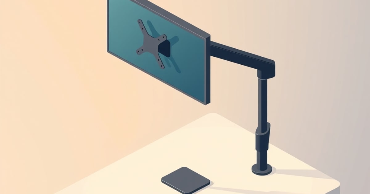 Flat isometric illustration of a monitor tipped face-down on a single gas-spring arm clamped through the edge of a pale desk, its VESA plate visible on the back of the panel.