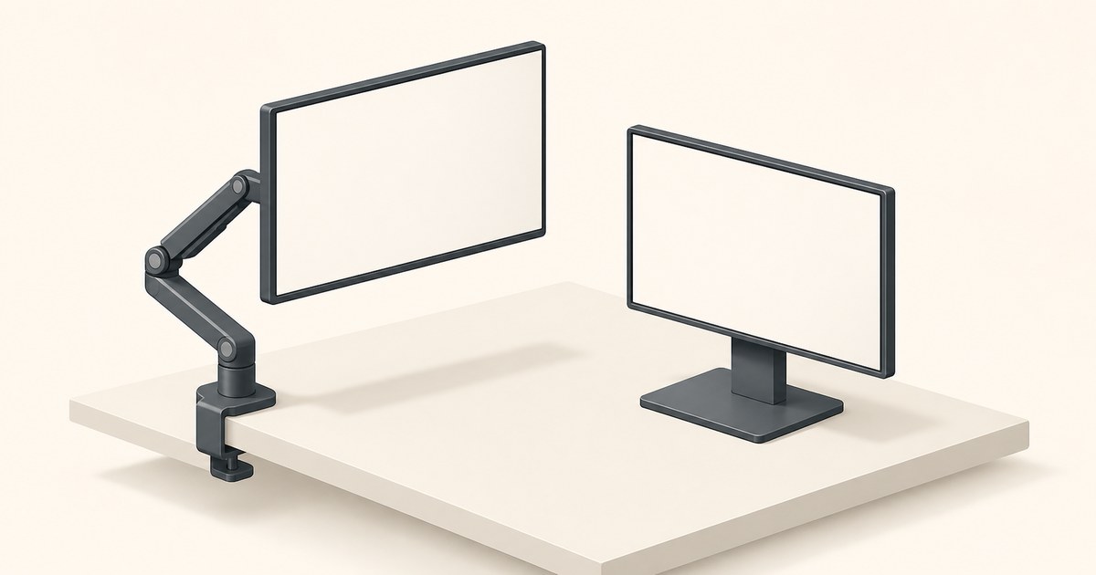 A side-by-side comparison on a beige desk of a blank monitor mounted on a clamped articulating arm versus an identical monitor on a fixed pedestal stand.