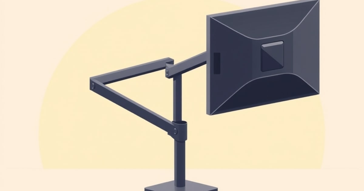Flat isometric illustration of a monitor held at eye height by a jointed arm over a warm-lit desk.