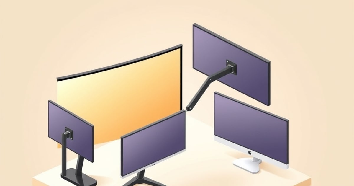 Flat isometric illustration of five monitors of different sizes on a pale desk, a large curved amber screen plus purple panels on black arms and stands.