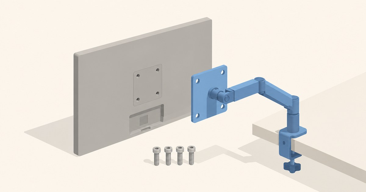 Exploded 3D view of a monitor back, four mounting screws, and an articulated desk arm aligned with a square VESA plate.